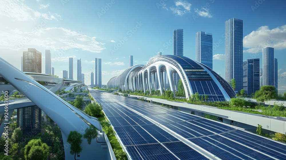 Obraz premium Sustainable Cityscape with Solar Powered Roads and Green Infrastructure - A futuristic cityscape showcasing a sustainable future with solar-powered roads, green infrastructure, and modern buildings. T
