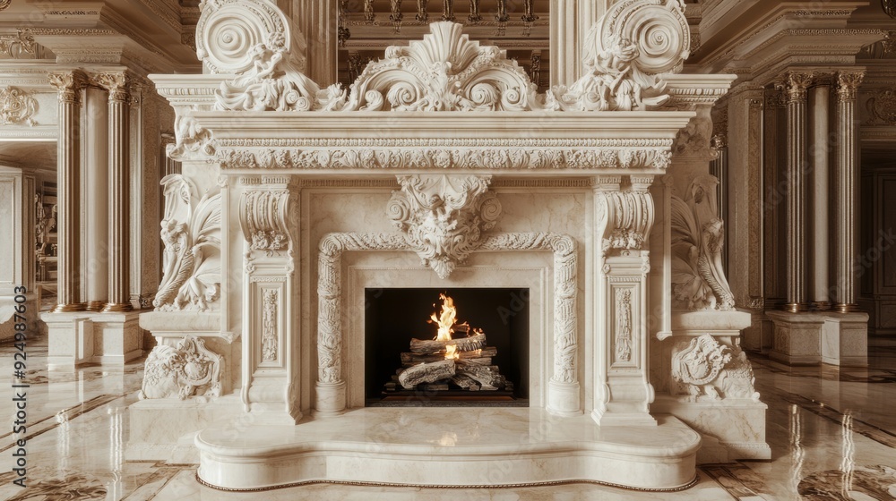 Obraz premium Elegant fireplace with ornate marble surround and burning fire.