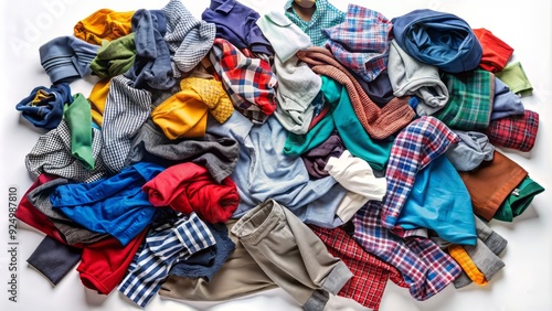 Disorganized heap of vibrant casual garments, including shirts, pants, and socks, scattered messily on a clean white background, seen from directly above. photo