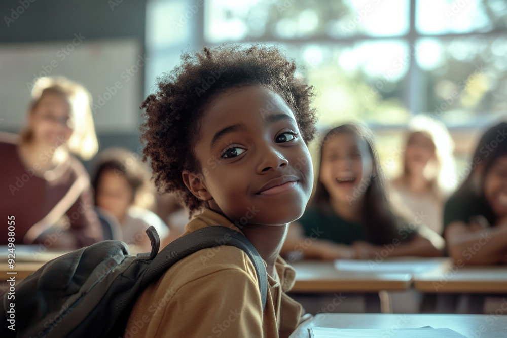 Curious young student smiling during lesson in classroom full of diverse school children