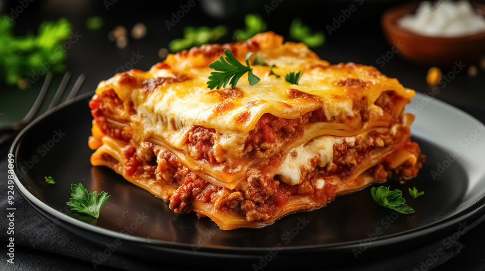 A hearty slice of traditional lasagna on a black plate, layers of pasta, rich Bolognese sauce, bechamel, and melted cheese, garnished with fresh parsley on a black table A hearty slice of traditional lasagna on a black plate, layers of pasta, rich Bolognese sauce, bechamel, and melted cheese, garnished with fresh parsley on a black table