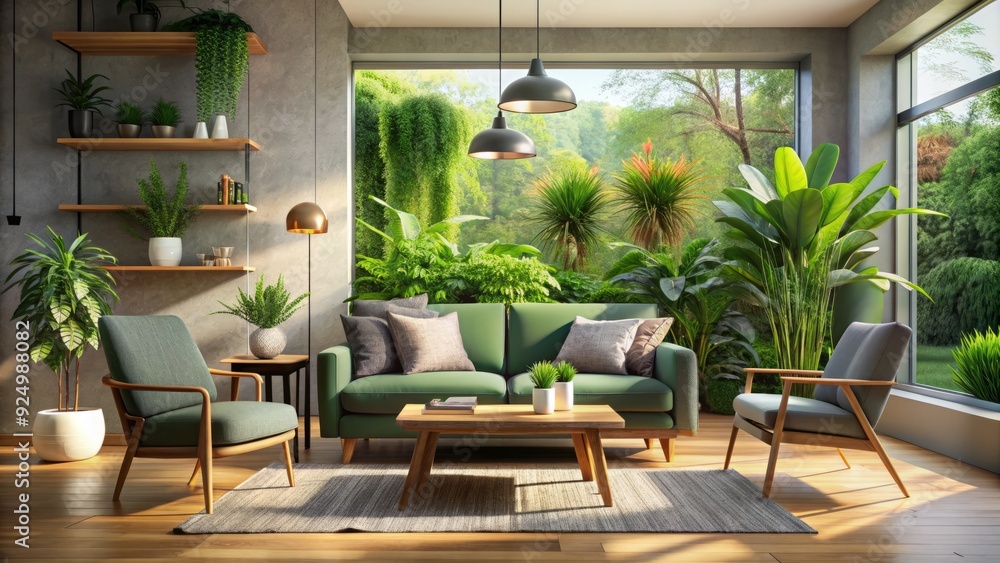 Fototapeta premium Modern living room with sleek grey sofa, wooden coffee table, and vibrant green armchair, surrounded by lush plants and warm natural light.