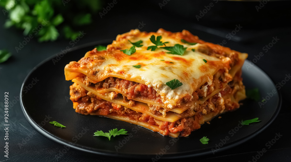 A hearty slice of traditional lasagna on a black plate, layers of pasta, rich Bolognese sauce, bechamel, and melted cheese, garnished with fresh parsley on a black table A hearty slice of traditional lasagna on a black plate, layers of pasta, rich Bolognese sauce, bechamel, and melted cheese, garnished with fresh parsley on a black table