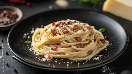 A black plate filled with Pasta Carbonara, showcasing perfectly cooked spaghetti intertwined with crispy pancetta, creamy sauce, and a generous sprinkle of Parmesan and black pepper on a dark table 