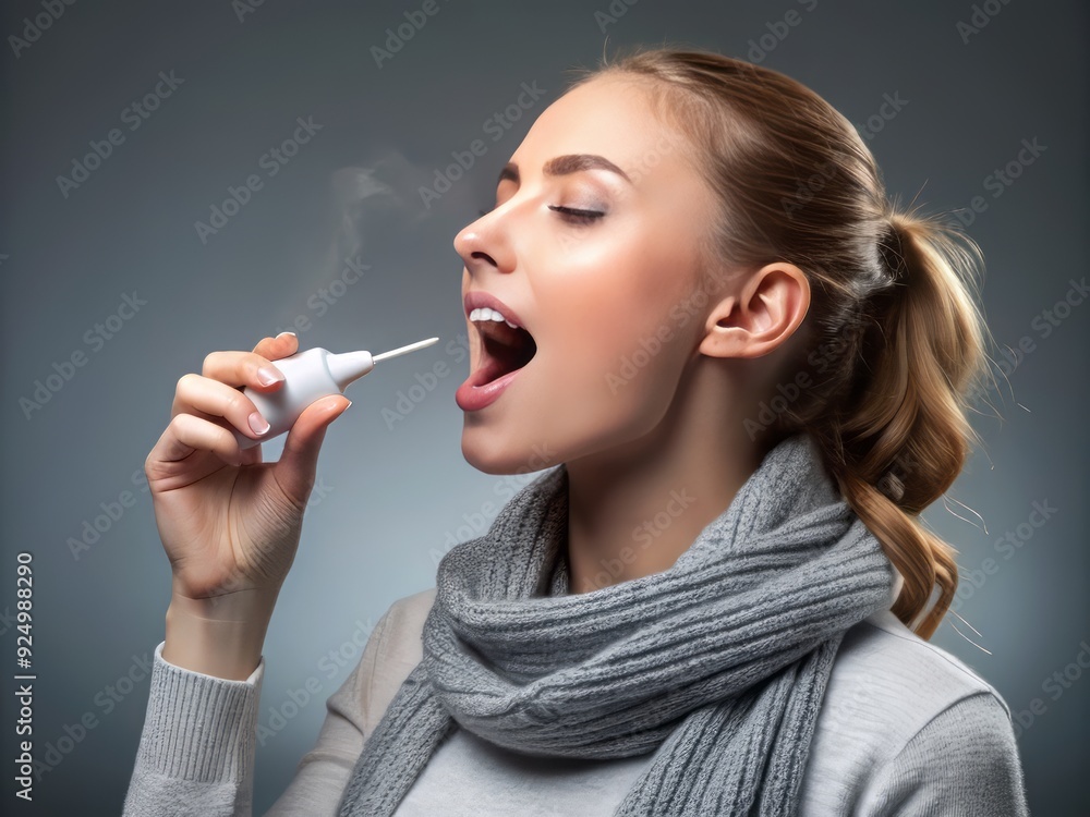 Fototapeta premium Young woman holding a throat spray bottle, spraying into her mouth on a grey background, promoting healthy habits to boost the immune system against viral infections.