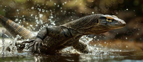 An Asian water monitor lizard gracefully gliding through a river in a captivating copy space image photo