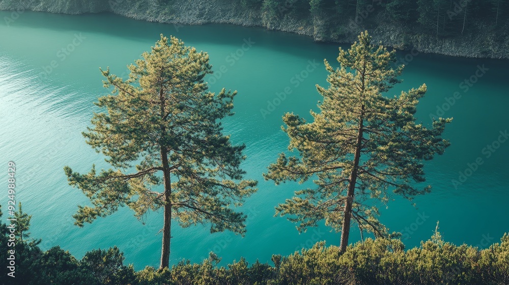 Tranquil Pine Trees Overlooking Serene Lake - Two tall pine trees stand ...