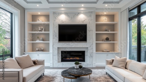 Modern living room with a fireplace and two white sofas.