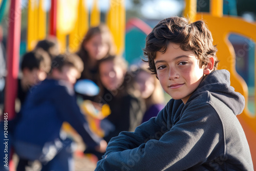 Portrait of a young boy sitting with arms crossed at a playground while his friends are playing in the background