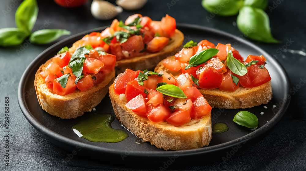 Crispy slices of bruschetta on a black plate, topped with diced tomatoes, garlic, fresh basil, and a drizzle of olive oil, with a few scattered basil leaves on a black table Crispy slices of bruschetta on a black plate, topped with diced tomatoes, garlic, fresh basil, and a drizzle of olive oil, with a few scattered basil leaves on a black table