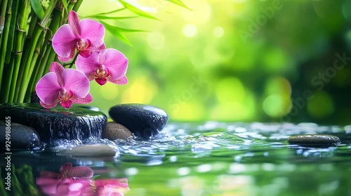 Panel kuchenny z motywem Tranquil Zen Garden with Pink Orchids and Waterfall - A serene image depicting a zen garden with pink orchids, a cascading waterfall, and smooth river stones, symbolizing peace, tranquility, nature, b