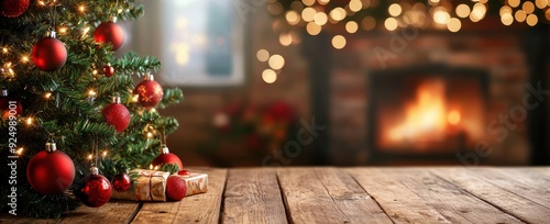 Christmas tree with red ornaments, bokeh lights and fireplace on wooden table in dark room with blurred background of home interior.