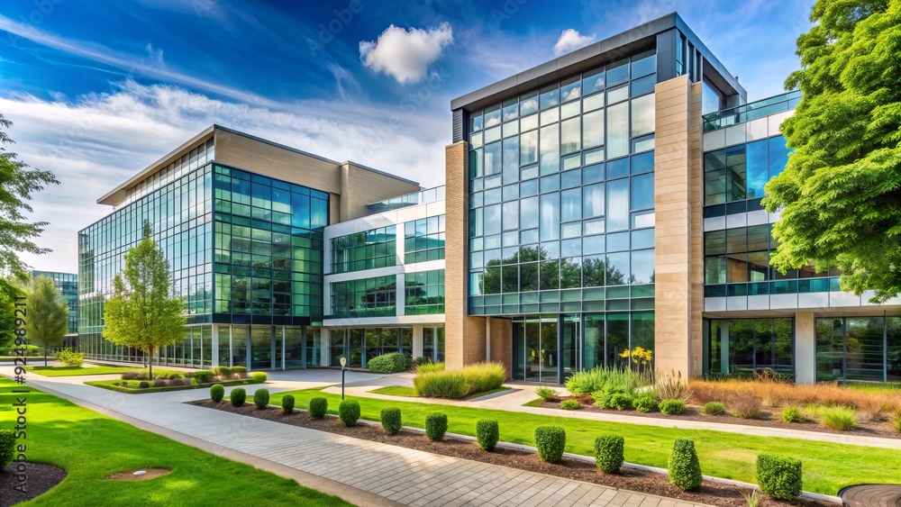 Modern university teaching hospital building with a large facade, glass windows, and a spacious entrance, surrounded by lush green gardens and trees. Modern university teaching hospital building with a large facade, glass windows, and a spacious entrance, surrounded by lush green gardens and trees.