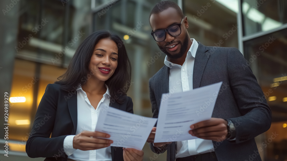 A photo of two business people, one man and one woman, standing together, looking at documents in their hands, both smiling as they review the papers A photo of two business people, one man and one woman, standing together, looking at documents in their hands, both smiling as they review the papers