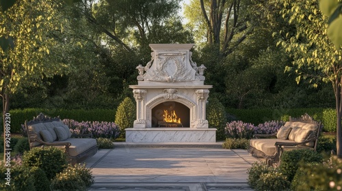 Ornate fireplace with fire in a lush garden patio.