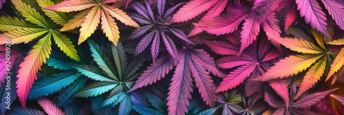 Vibrant Cannabis Leaves in a Rainbow of Colors - A close-up shot of cannabis leaves painted in various shades of rainbow colors symbolizing diversity, growth, and the beauty of nature.