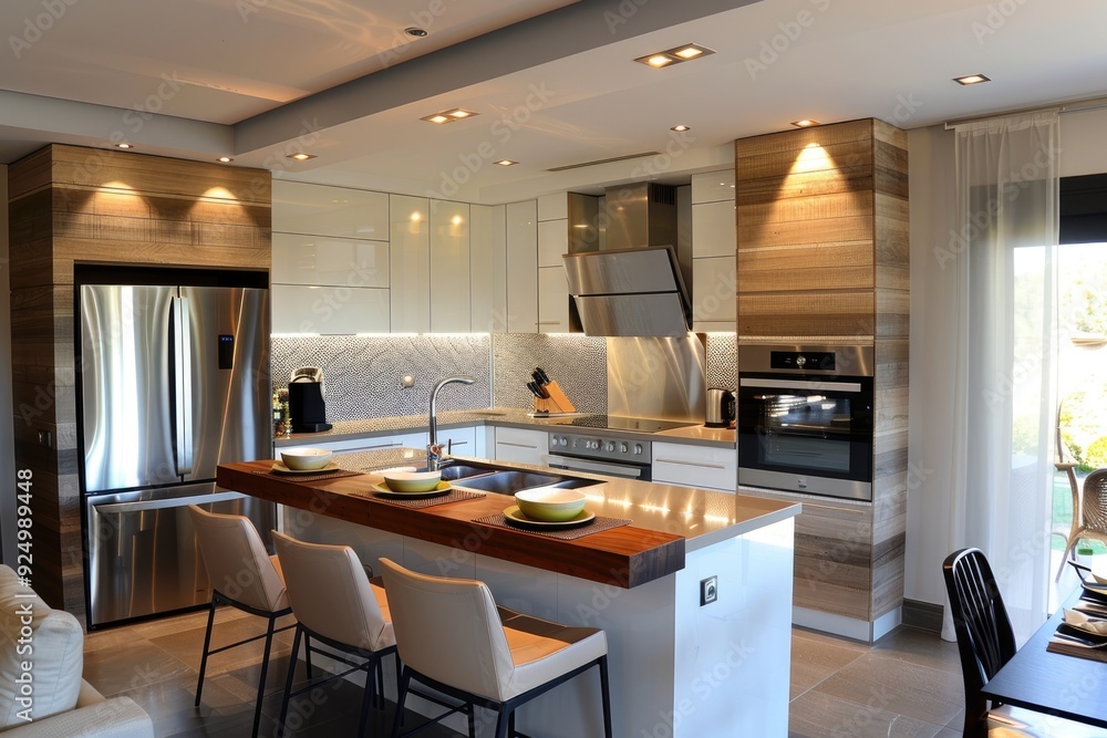 Contemporary kitchen with a breakfast bar, high-end appliances, and modern decor Contemporary kitchen with a breakfast bar, high-end appliances, and modern decor