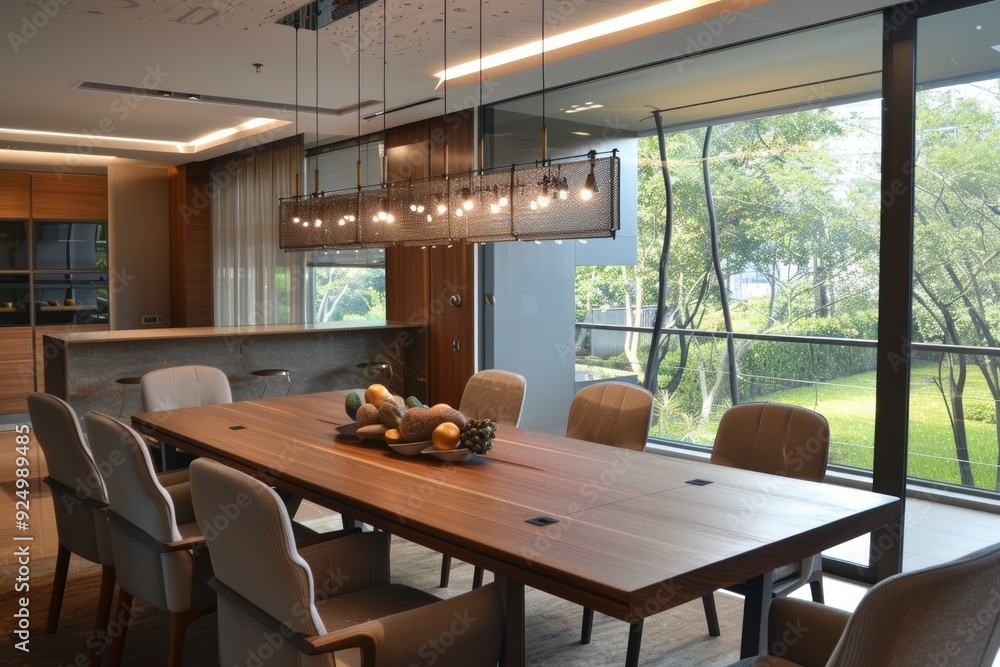 Fototapeta premium Dining room with a wooden table, elegant chairs, and a contemporary chandelier