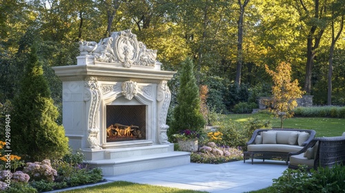 Ornate outdoor fireplace with a couch and lush greenery in a backyard setting.