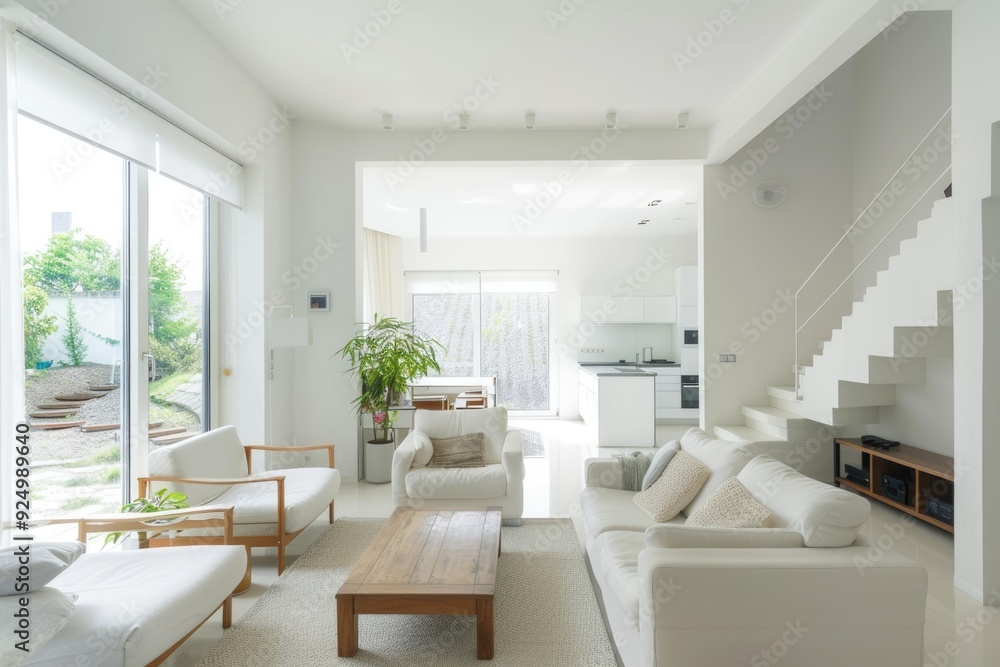 Cozy white living area with minimal furniture, comfortable seating, and natural light Cozy white living area with minimal furniture, comfortable seating, and natural light