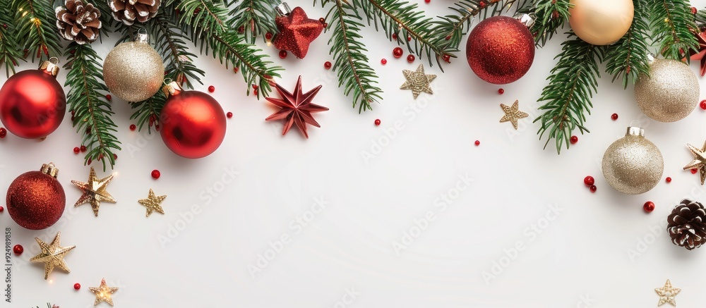 Top view of holiday decorations on a white background with copy space for your text, perfect for New Year or Christmas themed greeting cards. Top view of holiday decorations on a white background with copy space for your text, perfect for New Year or Christmas themed greeting cards.