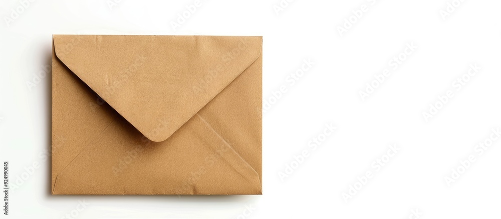 Isolated on a white backdrop a sealed envelope made of brown craft paper stands with a blank space for adding images. Copy space image. Place for adding text and design Isolated on a white backdrop a sealed envelope made of brown craft paper stands with a blank space for adding images. Copy space image. Place for adding text and design
