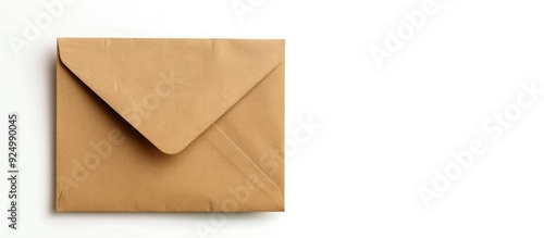 Isolated on a white backdrop a sealed envelope made of brown craft paper stands with a blank space for adding images. Copy space image. Place for adding text and design