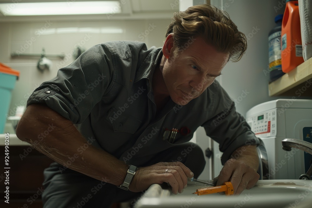 A man is fixing a sink in a kitchen. He is wearing a grey shirt and a watch A man is fixing a sink in a kitchen. He is wearing a grey shirt and a watch