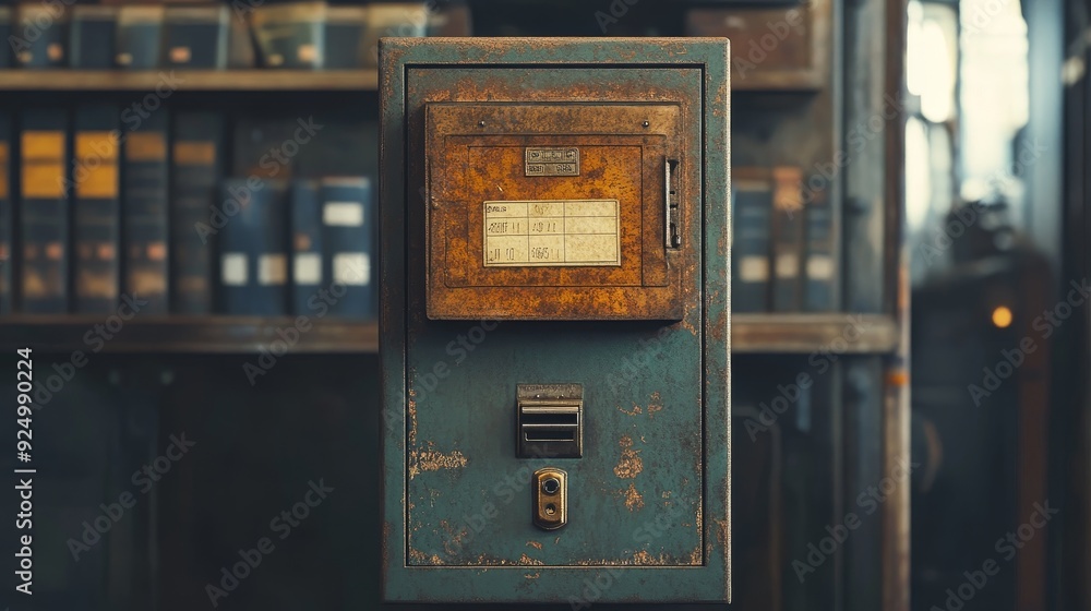 Naklejka premium Vintage Metal Cabinet with Rusty Details in a Library Setting - A close-up of a vintage metal cabinet with a rusty door and a small, worn-out slot. The cabinet is located in a library setting, surroun