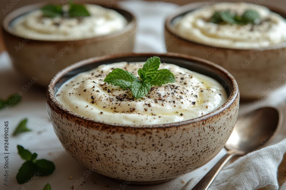 artisanal ceramic bowl filled with creamy yogurt garnished with fresh mint soft natural light white backdrop and carefully placed spoon suggest mindful eating and wellness artisanal ceramic bowl filled with creamy yogurt garnished with fresh mint soft natural light white backdrop and carefully placed spoon suggest mindful eating and wellness
