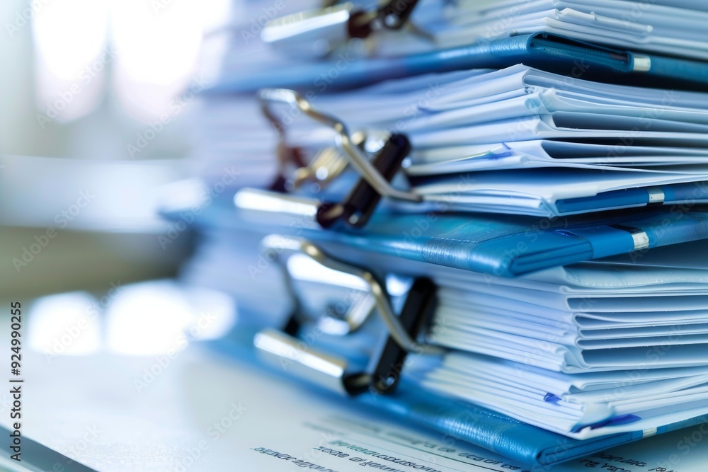 Stack of blue folders overflowing with paperwork is waiting to be processed Stack of blue folders overflowing with paperwork is waiting to be processed