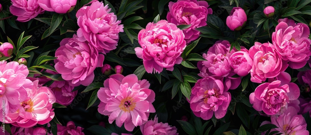 Close up horizontal view of pink peonies in a bush with copy space image Close up horizontal view of pink peonies in a bush with copy space image