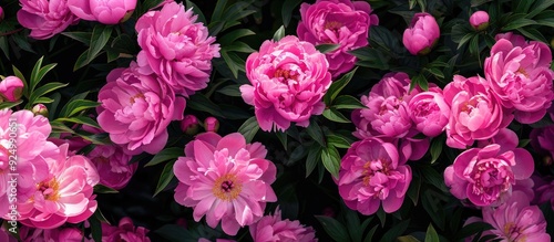 Fototapeta Naklejka Na Ścianę i Meble -  Close up horizontal view of pink peonies in a bush with copy space image