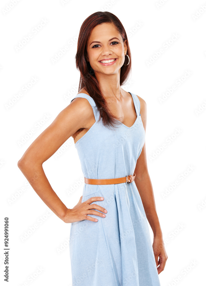 Fashion, smile and portrait of woman in studio with trendy clothes, stylish outfit and summer dress. Happy, aesthetic and isolated person with confidence, pride and positivity on white background Fashion, smile and portrait of woman in studio with trendy clothes, stylish outfit and summer dress. Happy, aesthetic and isolated person with confidence, pride and positivity on white background