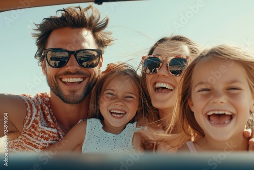 An energetic and cheerful family selfie captured during a sunny beach trip, featuring two parents and their two daughters smiling widely, enjoying their vibrant vacation moment. photo