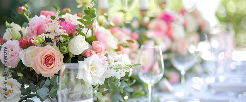 bouquet of flowers in the garden, Wedding Table set with fresh flowers, Close up of wedding table set decorated with fresh flowers.