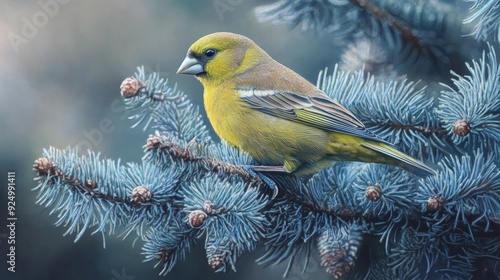 Yellow Bird Perched on Blue Spruce Branch - A vibrant yellow bird with a white stripe perched on a blue spruce branch, symbolizing nature, beauty, tranquility, winter, and serenity.