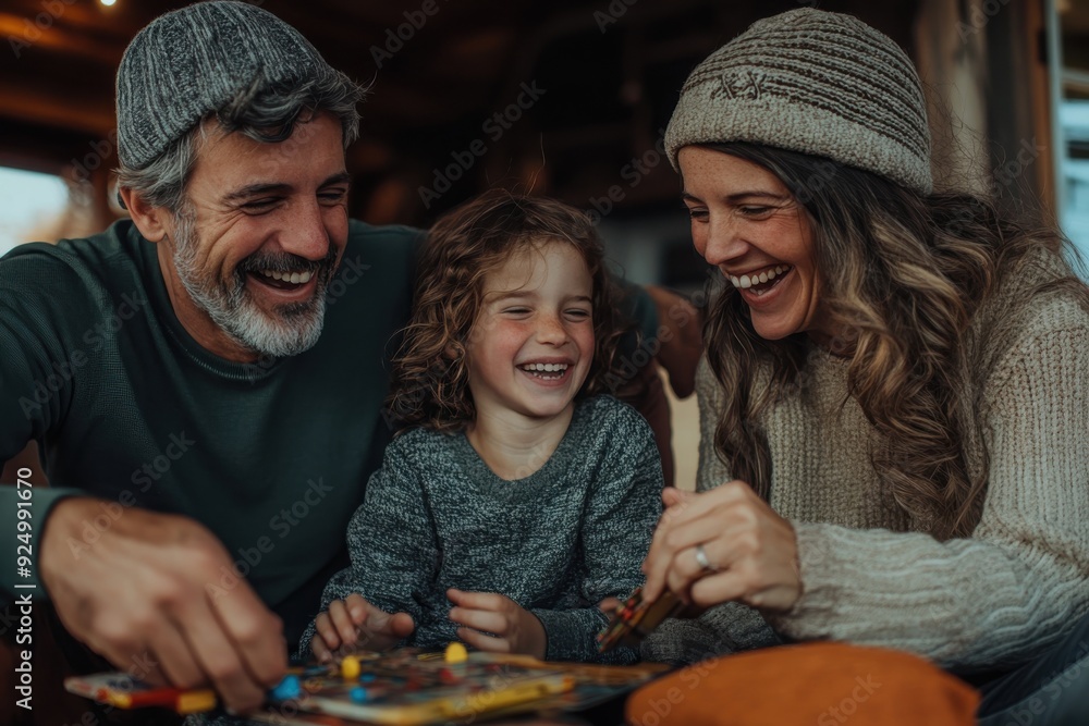 Fototapeta premium A family of three, parents and child, engaged in a lively and joyful moment playing a board game together indoors, emphasizing family bonding and play.