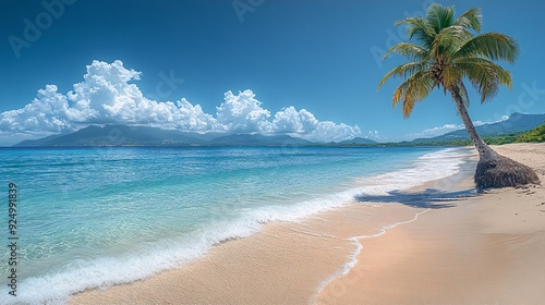 Ultra-Wide Beach Perspective: Dramatic, ultra-wide angle view of the beach, palm tree, and ocean. 