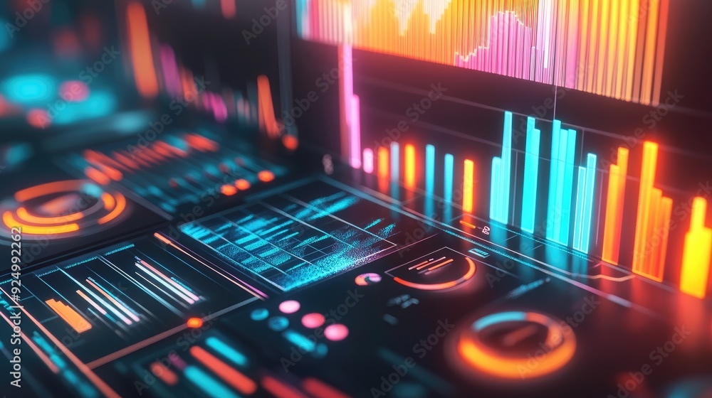 Obraz premium Financial data analysis, futuristic chart dashboard, 3D illustration
