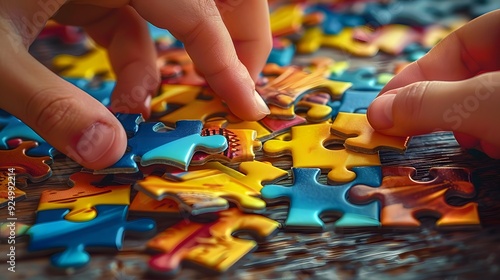 Hands assembling jigsaw puzzle.