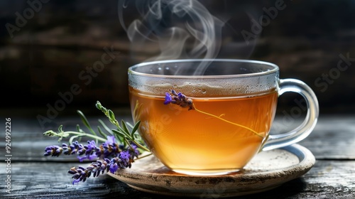 Aromatic Lavender Tea in a Glass Mug with Steam