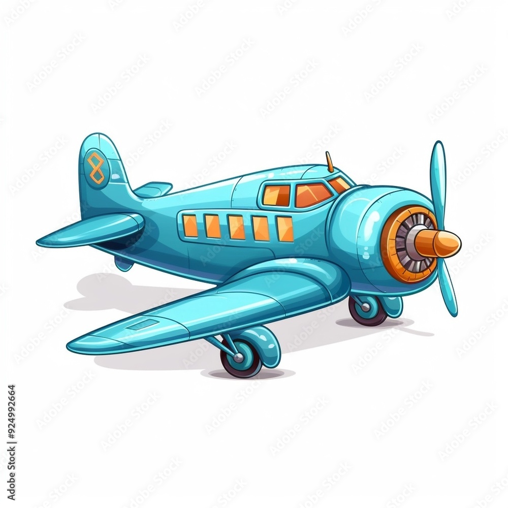 Cartoon-style blue airplane on a white background showcasing a playful design with a vibrant propeller Cartoon-style blue airplane on a white background showcasing a playful design with a vibrant propeller