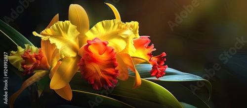 Detailed close up image of a Cattleya rechara frances fox Orchid within the Myrmecatavola genus displaying vibrant yellow and red blooms with copy space image photo