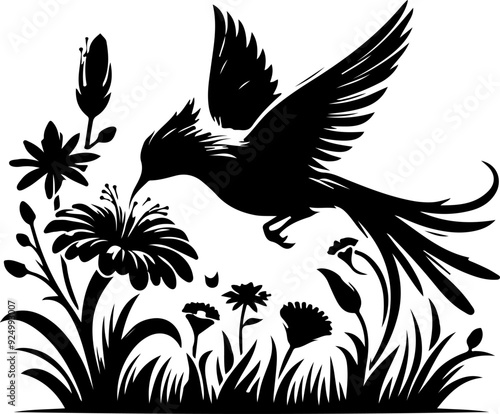 majestic Hummingbirds & Flowers silhouette, vector, clipart, nature, abstract illustration 27