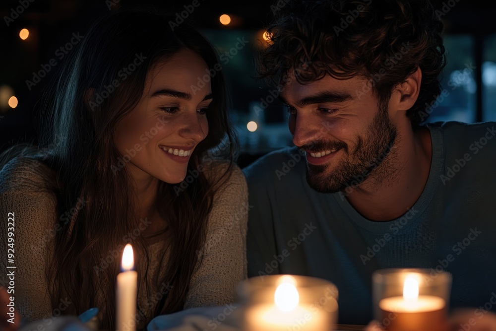 A young couple having an intimate candlelit dinner, exchanging warm smiles, and enjoying each other's company, representing romance, love, and connection in a serene setting. A young couple having an intimate candlelit dinner, exchanging warm smiles, and enjoying each other's company, representing romance, love, and connection in a serene setting.