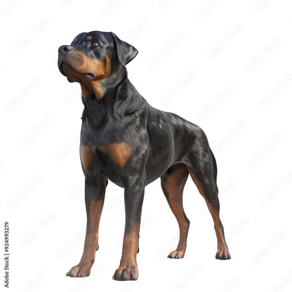 A black and tan Rottweiler dog stands looking up, isolated on a black background. A black and tan Rottweiler dog stands looking up, isolated on a black background.