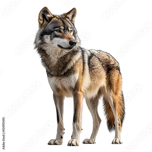 Majestic Grey Wolf Standing Tall Against Plain White Background Transparent PNG in High Detail