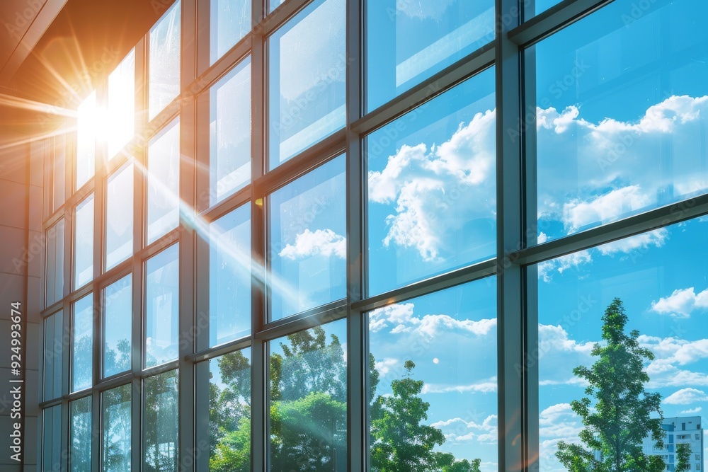 Fototapeta premium The building panoramic windows reflect the sky, trees and sunlight