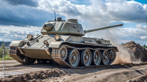 A tank t-34 in dirt, on off road 